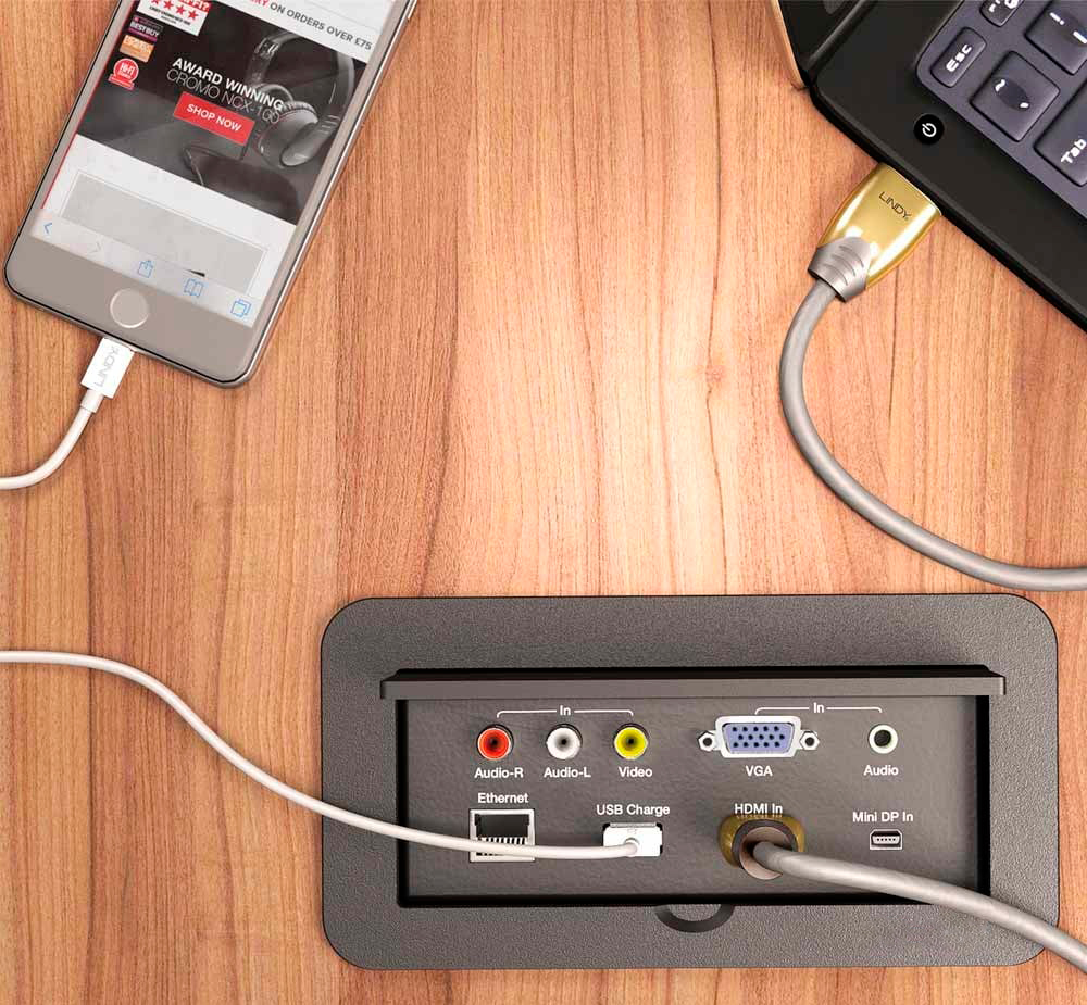 Caja de conectividad para empotrar en escrtorio o mesa de juntas