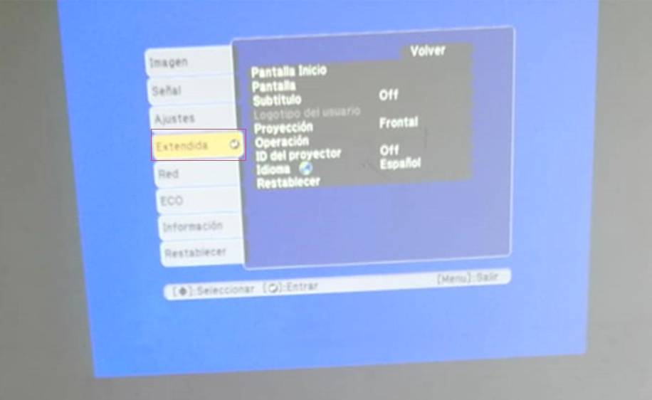 apartado de menu en proyector epson